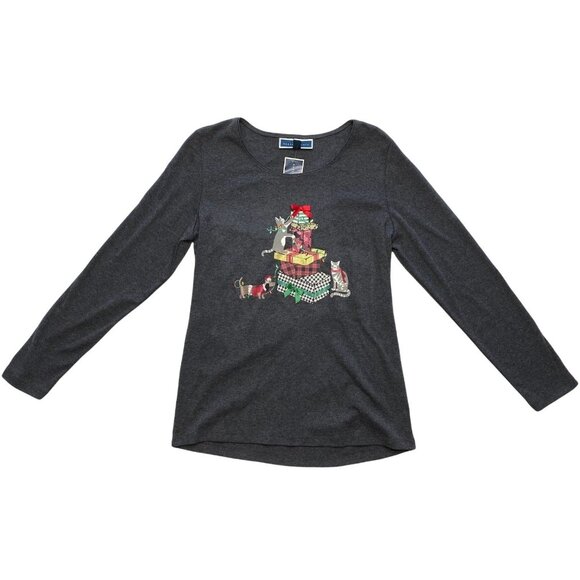 Karen Scott Glitter Top Women's PETITE SMALL Gray‎ CAT DOG Seasonal Graphic NEW - Picture 5 of 11